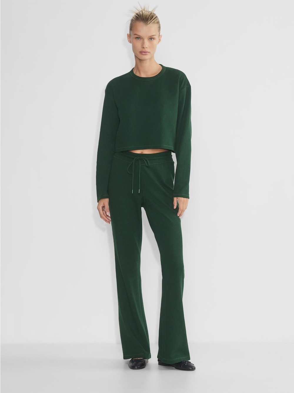 Aritzia Sunday Best Baby Waffle Pant Dark Green Flare Leg Lounge Size Small